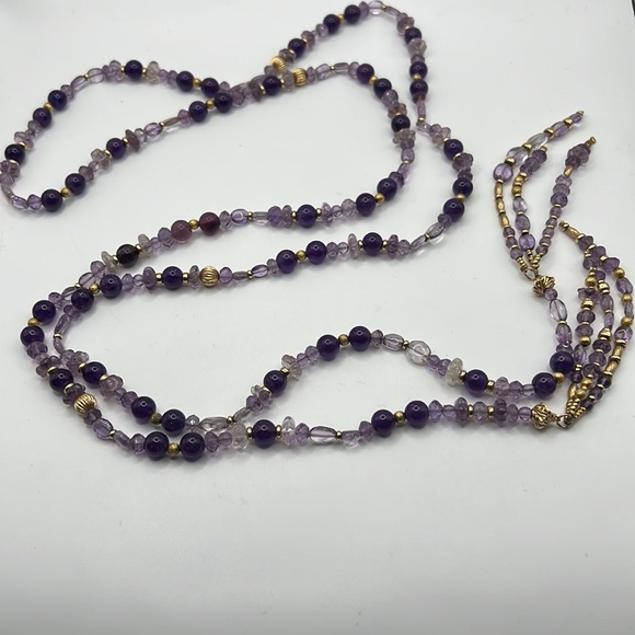 AMETHYST, GLASS, AND GOLD BEAD ARTISAN WRAP NECKLACE 63” - Picture 2 of 11